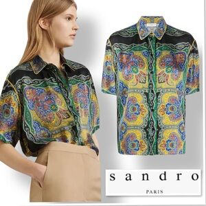 Sandro Ramy Paisley Print Satin Shirt Short Sleeve Silk-Feel Multi Size 3